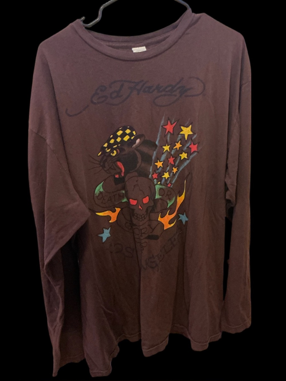 Vintage  Ed Hardy Mens 2XL Brown Long Sleeve Skull Graphic Shirt Pre Owned
